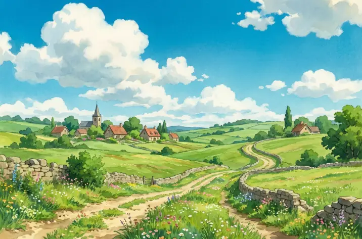 由 Seedream AI image generator 生成的 Ghibli 风景：起伏的绿色山丘与充满童趣的村庄。