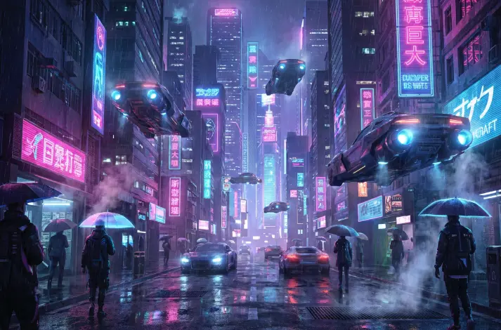 由 Seedream AI 生成的夜晚赛博朋克街道：霓虹招牌与飞行载具穿梭其间。