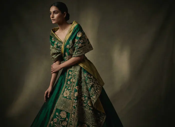 A high-end fashion portrait with realistic fabric textures created by Google Imagen 4 free.