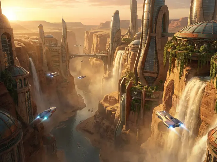 A cinematic sci-fi landscape with realistic lighting generated by Google Imagen 4.