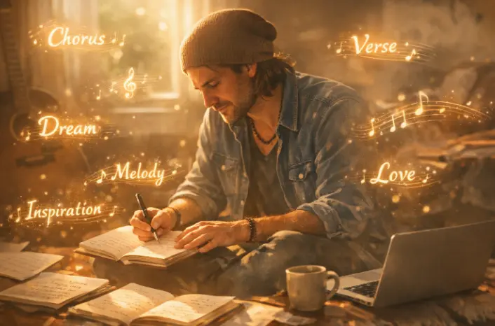 Close up of a computer screen showing a sleek AI interface generating poetic lyrics line by line, digital ink, futuristic typography, creative energy, dark mode