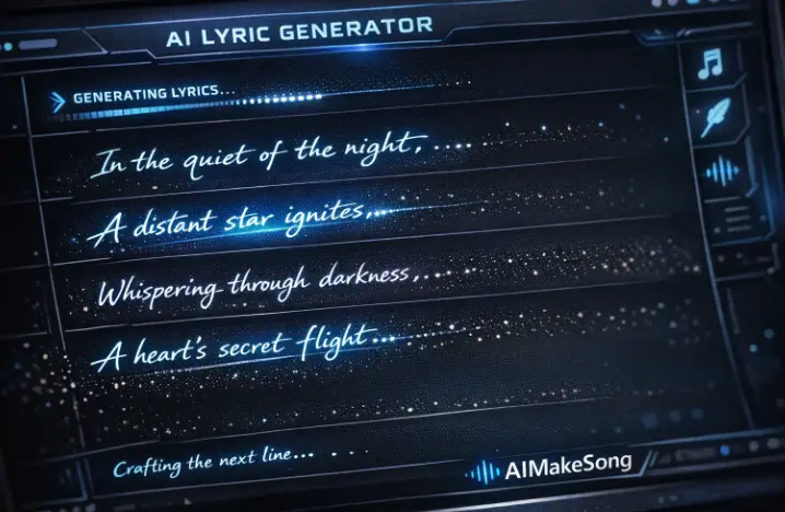 Close up of a computer screen showing a sleek AI interface generating poetic lyrics line by line, digital ink, futuristic typography, creative energy, dark mode 