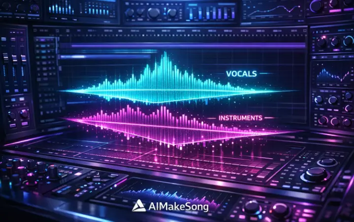 A futuristic digital audio workstation (DAW) interface showing a sound wave being split into glowing layers of different colors representing vocals and instruments, neon blue and purple lighting, sleek, high-tech, 8k --ar 16:9
