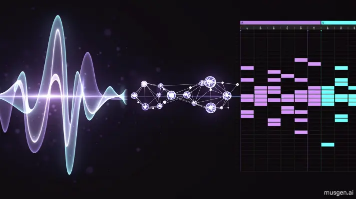 Musgen.ai AI-powered audio to MIDI converter interface showing polyphonic transcription with high accuracy output