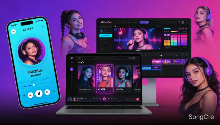 SongCre fun vibrant app interface with purple pink gradient, young creative energy