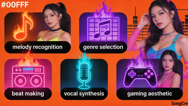 Colorful icons with fire effects for music creation features