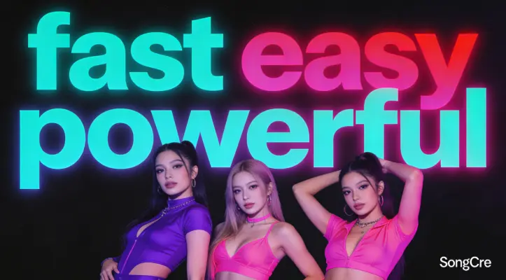 Bold typography with neon effects showing advantages