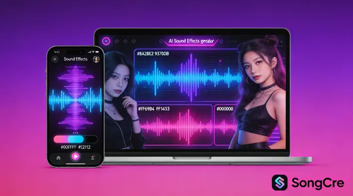 Person typing to sound effects transformation illustration