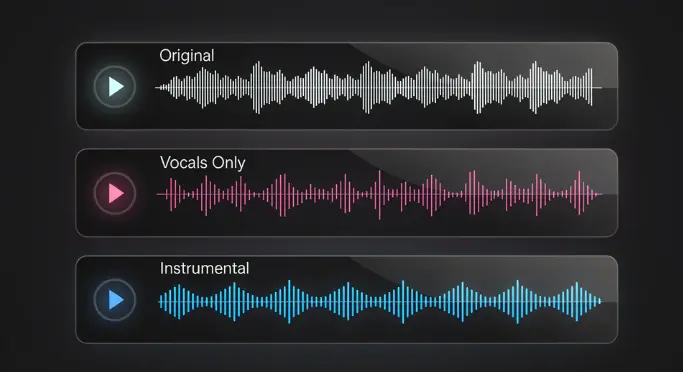 Before and after comparison of AI vocal removal showing original, isolated vocals, and instrumental waveforms