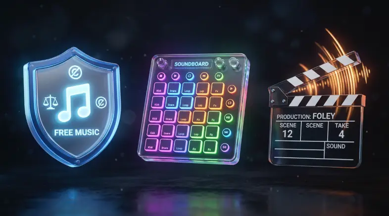 3D icons representing copyright free sound effects, custom meme soundboards, and cinematic foley generation