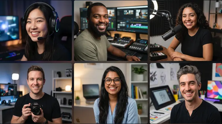 Diverse group of content creators and audio engineers who use our royalty free sound effects