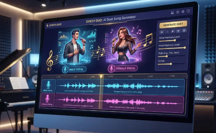 AI duet song generator interface showing male and female vocal markers
