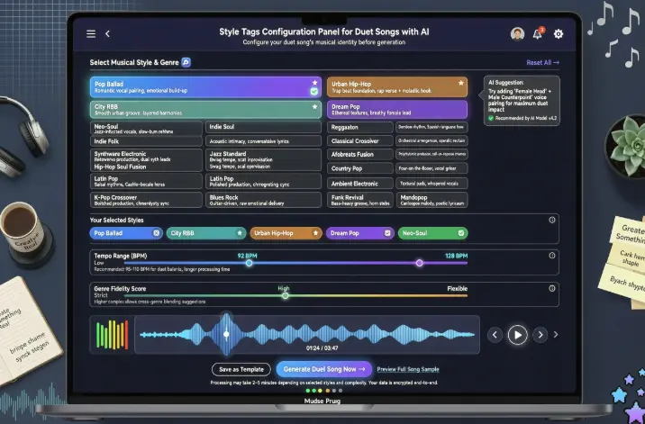 Style tags configuration panel for creating duet songs with AI