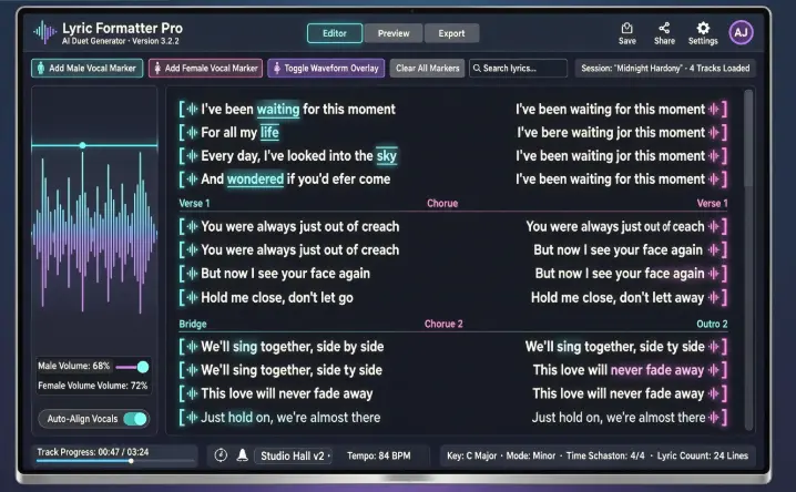 Lyric formatting example showing male and female vocal markers in AI duet generator