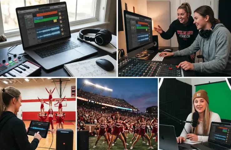 Cheer music maker creating a high-energy cheer mix for routines and performances.