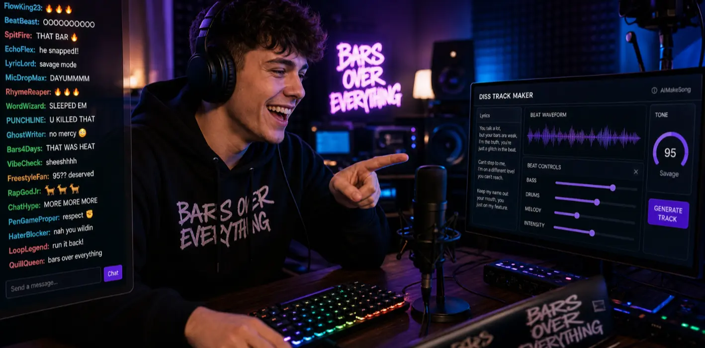 AI diss track generator making a live comeback track for a streamer.