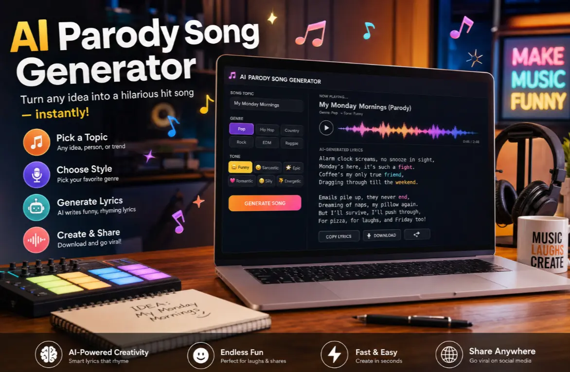 AI parody song generator creating a funny parody track with beat and vocals.