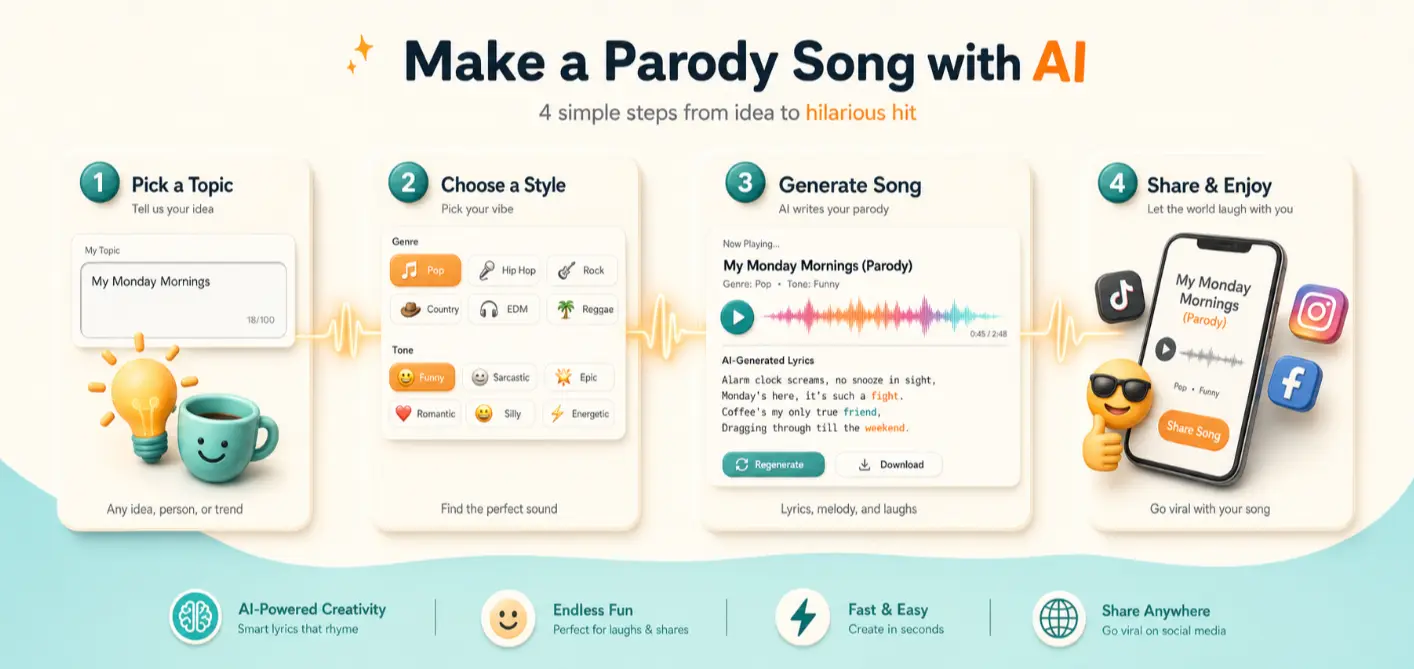 AI parody song generator creating a funny song about everyday life.