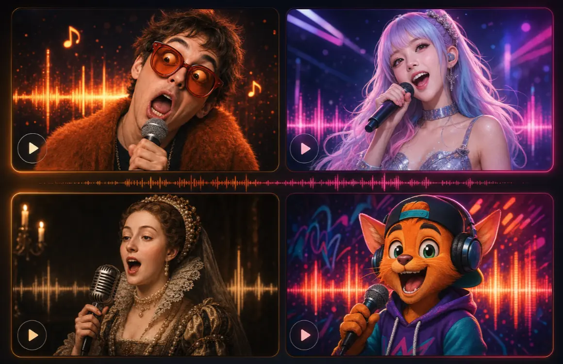 Collage of historical figure, singing dog, and cyberpunk avatar with musical notes