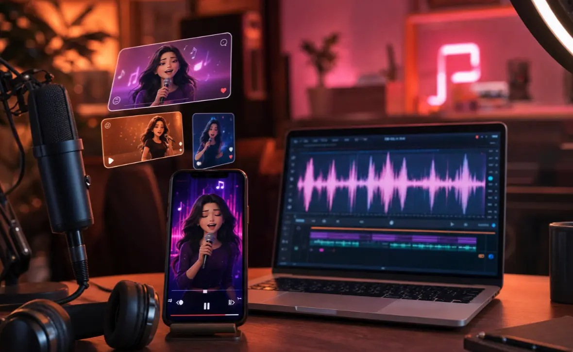 Content creator holding smartphone displaying funny singing cartoon character