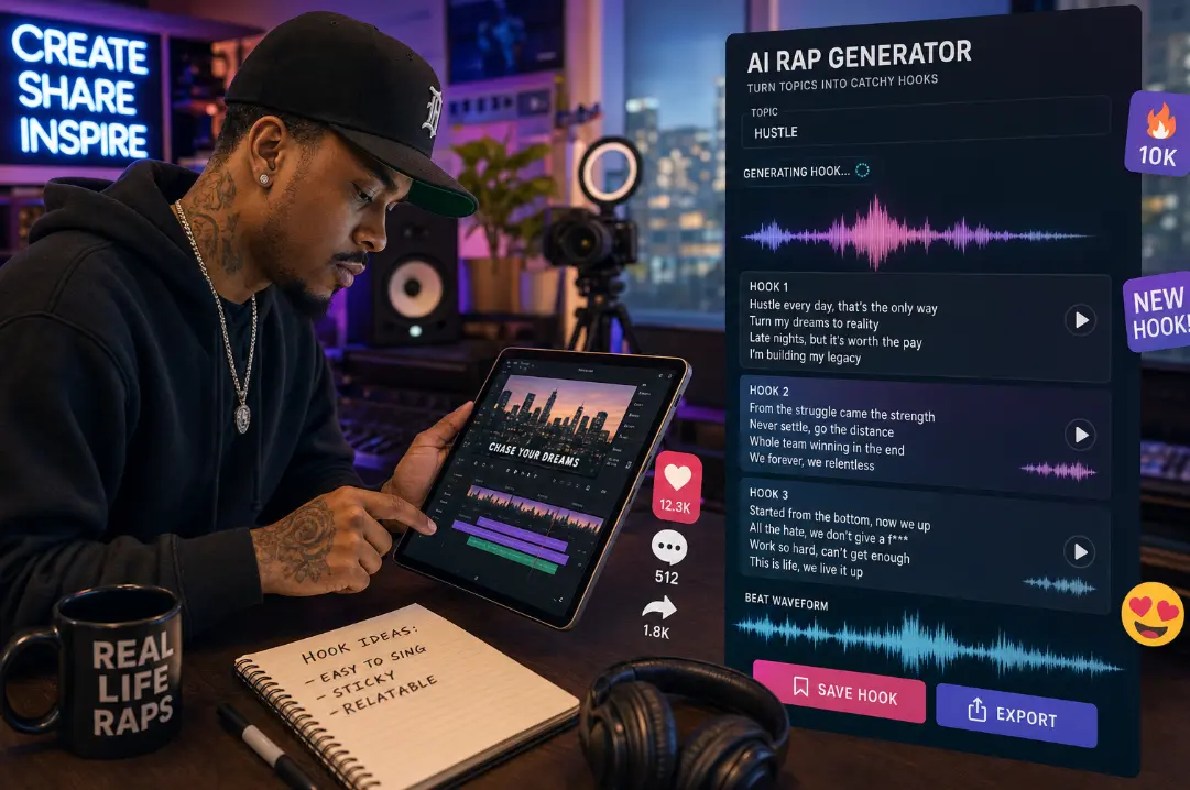 Rap song generator with music for short-form video hooks.
