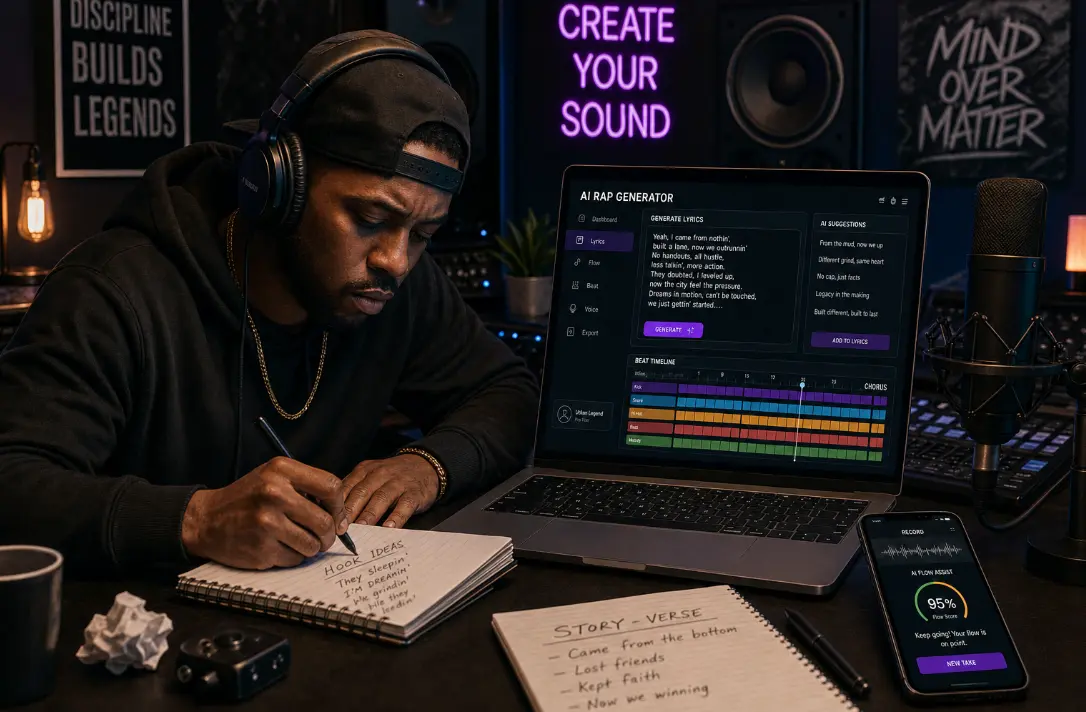 Freestyle rap lyrics generator for practice and warm-up sessions.