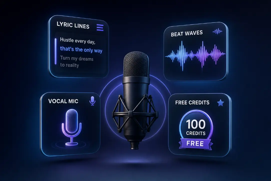 3D-style icons showing AI rap generator features: lyrics, beat creation, AI vocals, and free daily credits.
