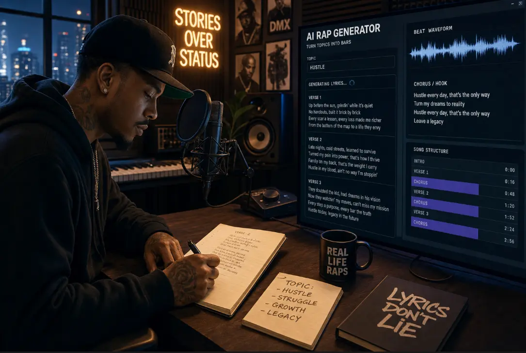 AI rap generator creating a story-driven rap song with music from one topic.