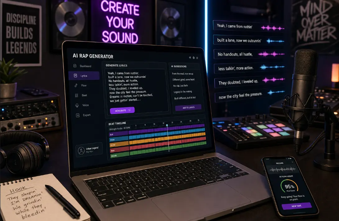 AI rap generator turning a text prompt into a full rap track with lyrics, beat, and vocals.