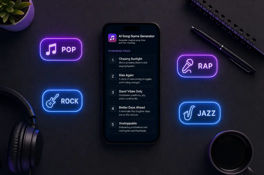 Rap song name generator showing five street-style song title ideas on a dark screen.