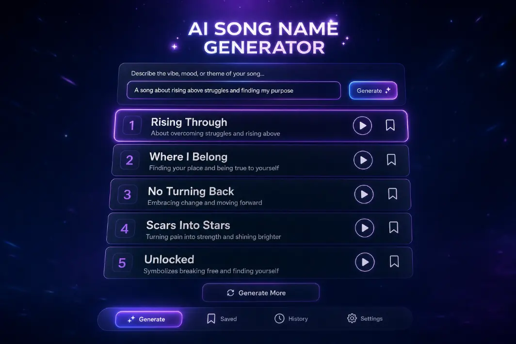 AI song name generator turns a text prompt into five catchy song titles with meanings.