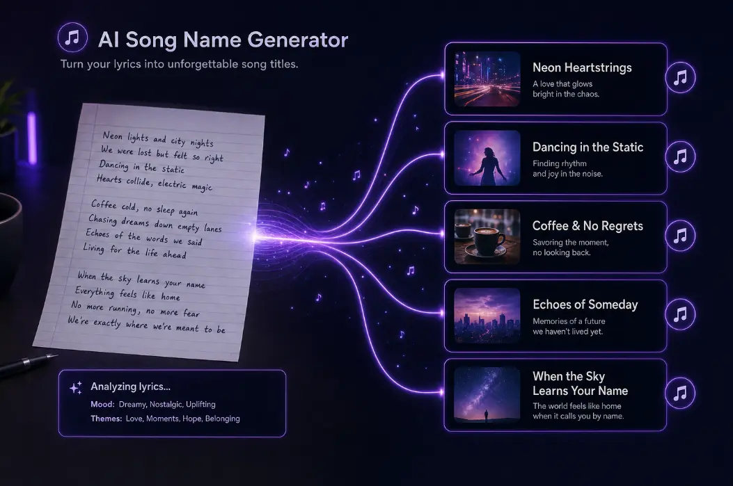 Song name generator from lyrics turning pasted verses into title suggestions.