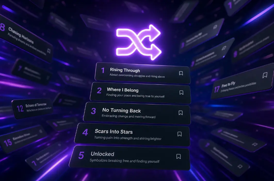 Random song name generator producing five fresh song name ideas for a new track.