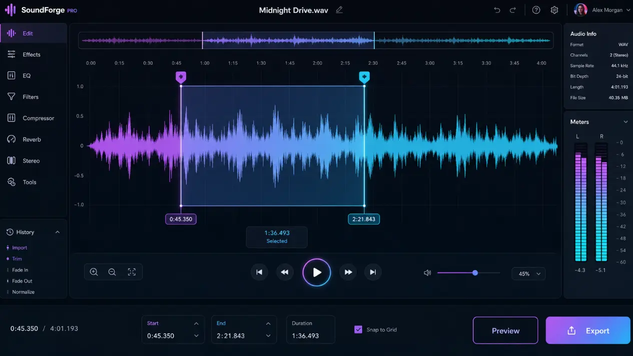 Music cutter online interface showing a waveform with drag handles used to cut audio from a WAV file.