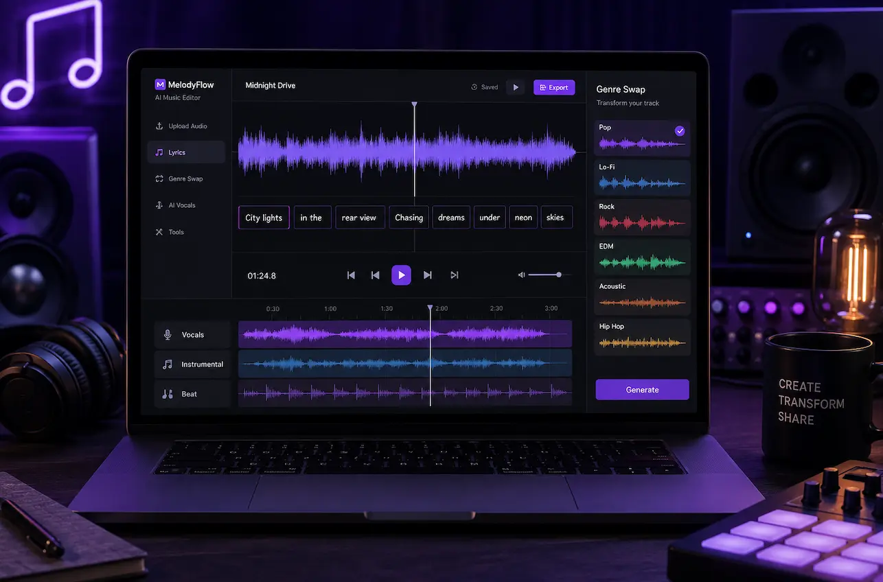 AI Music Editor interface showing a song being edited with lyric changes and genre swap options.