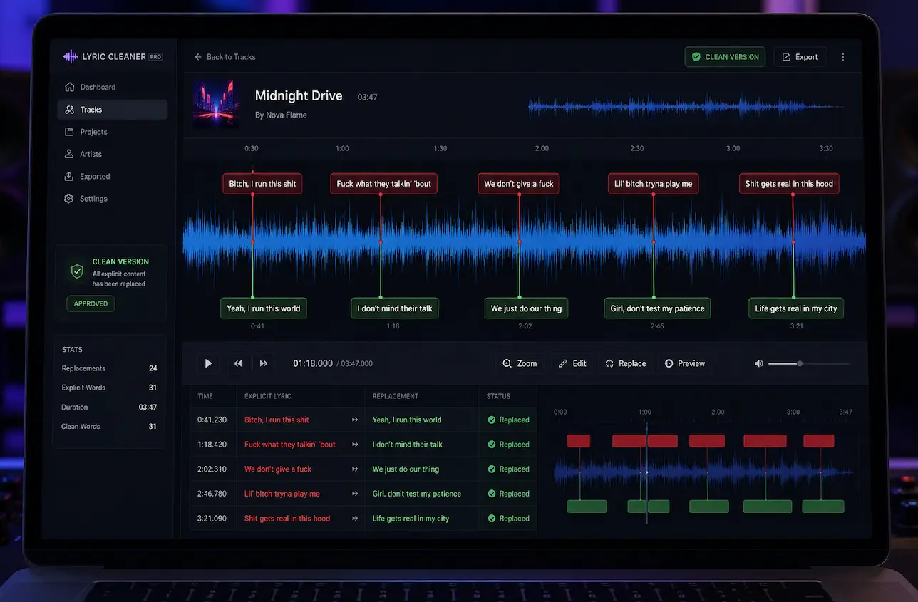 AI Music Editor interface showing song lyrics being rewritten on a cover track.