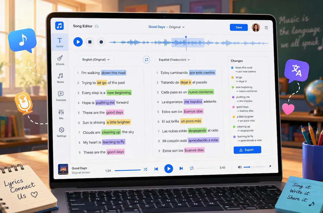 AI tool displaying bilingual lyrics for language learning alongside a music waveform.