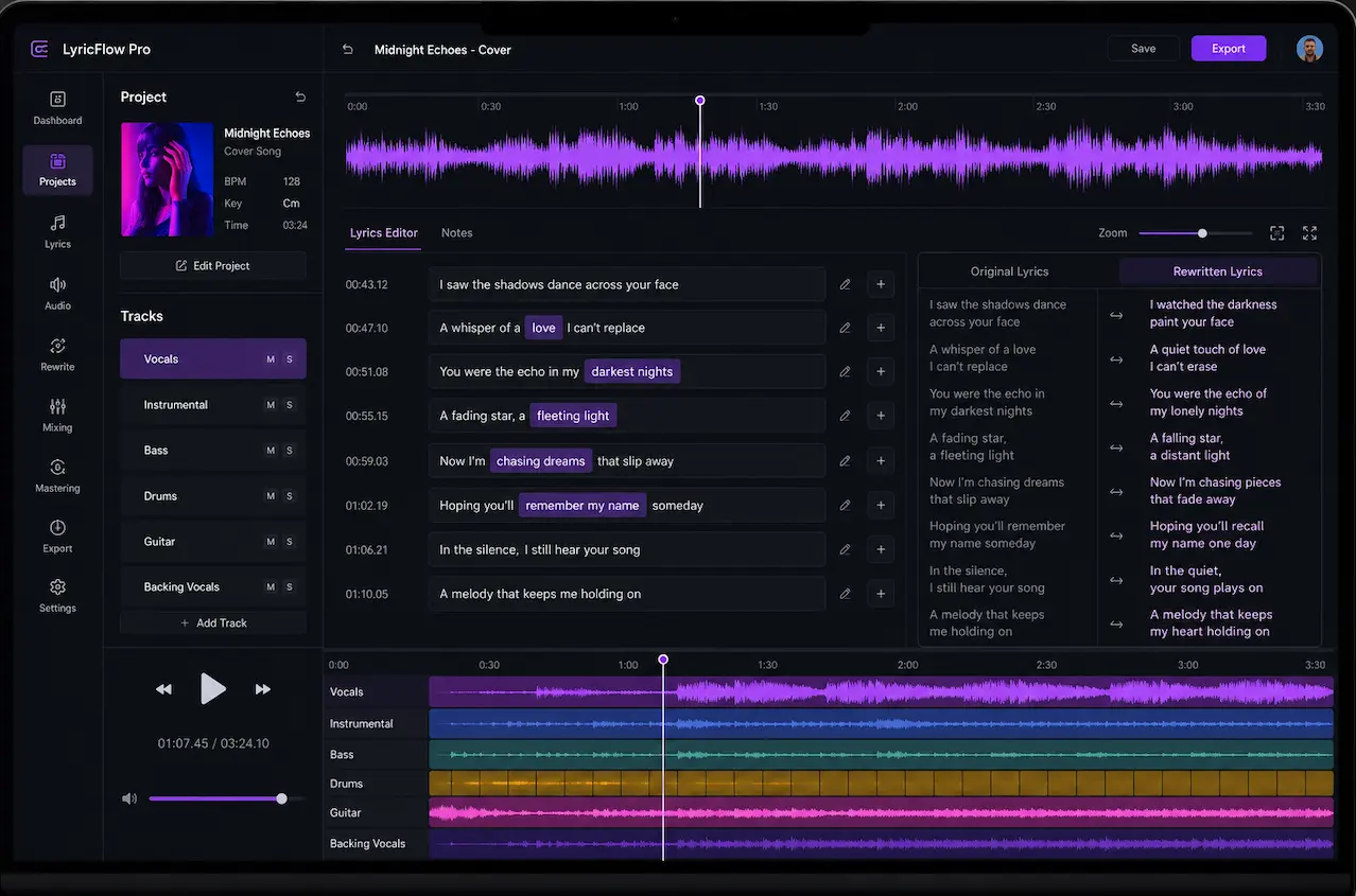 AI tool converting a ballad waveform into a dance remix with visible tempo change markers.