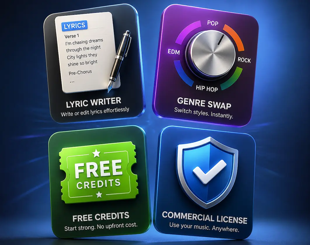 3D-style icons showing AI Music Editor features: lyric editing, genre swap, free credits, and commercial license.