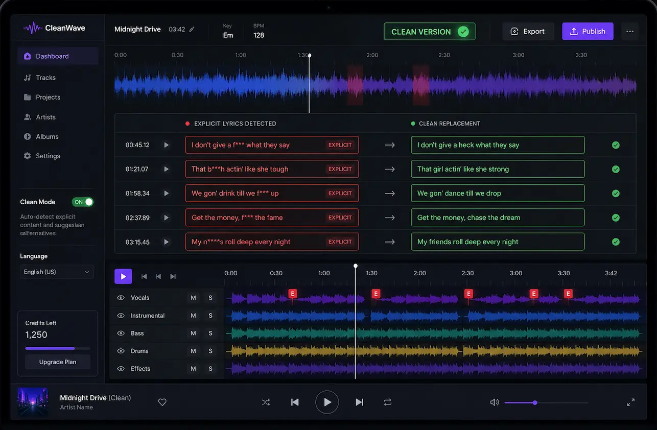 Online tool creating clean song versions for social media content on a smartphone.