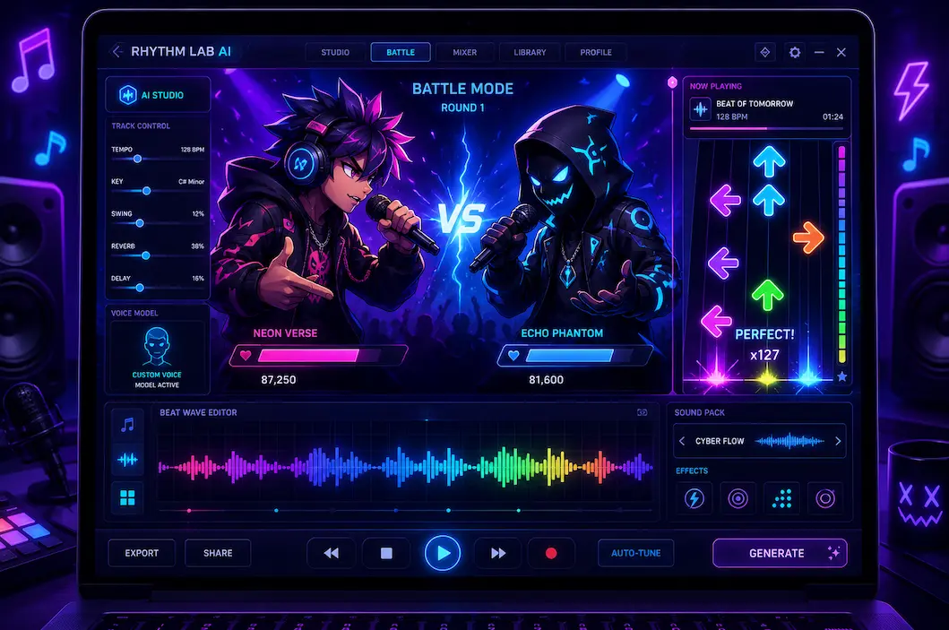 FNF song maker interface generating a custom rhythm-game battle track with character vocals and waveform visualizers