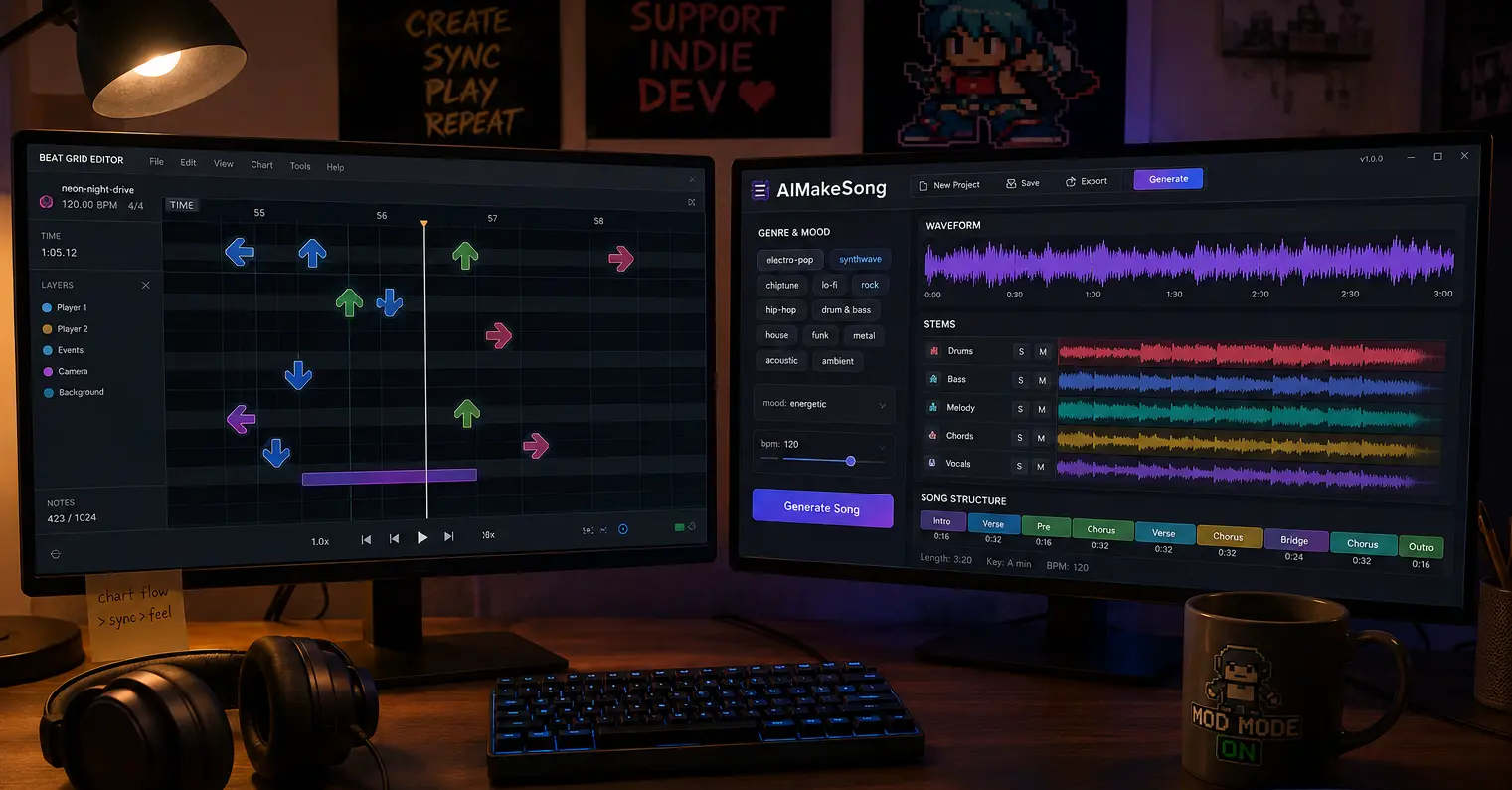 Mod developer using FNF song maker to create custom rhythm-game battle tracks with a chart editor