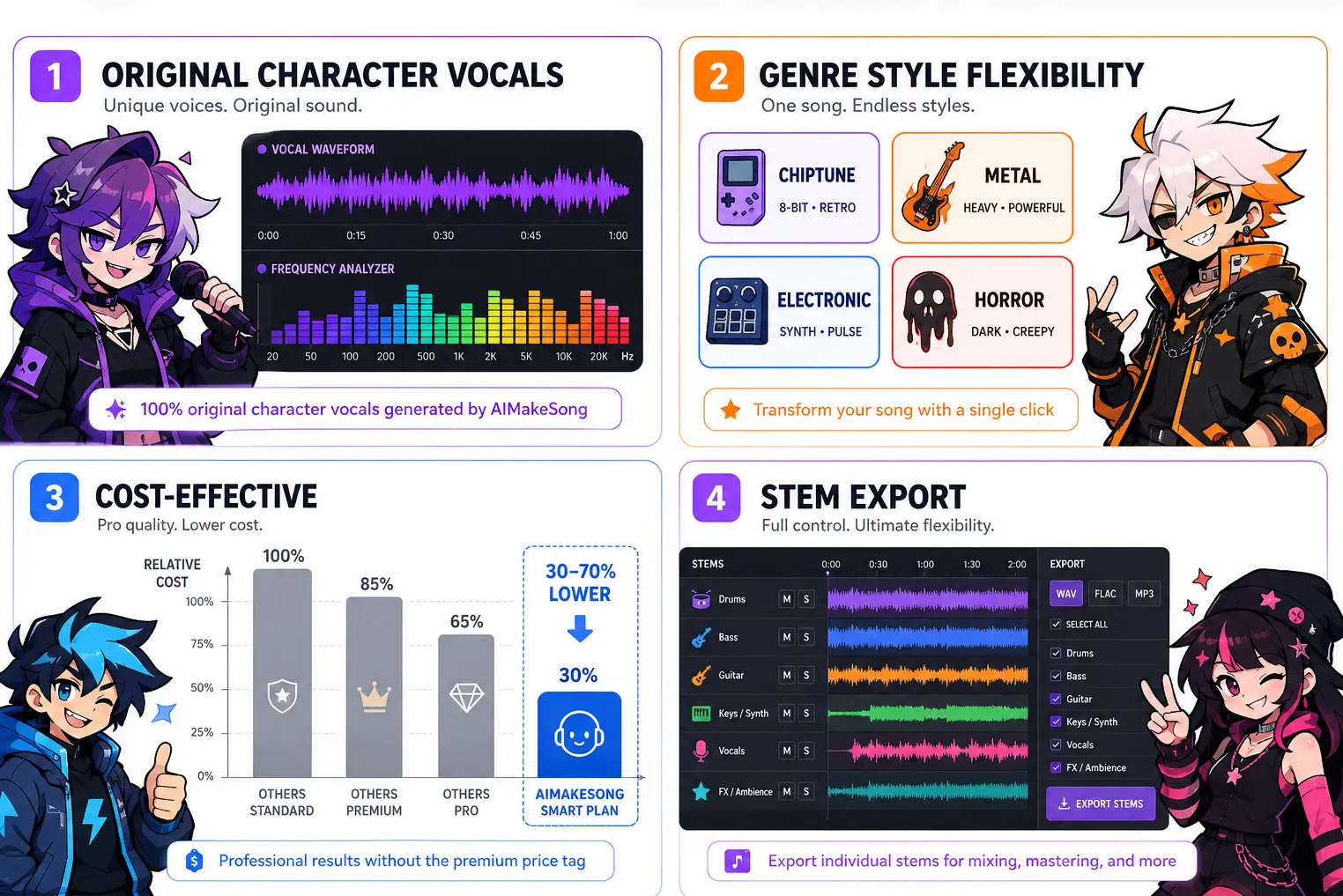 FNF song maker platform showing AI music generation features character vocals genre control and pricing advantages
