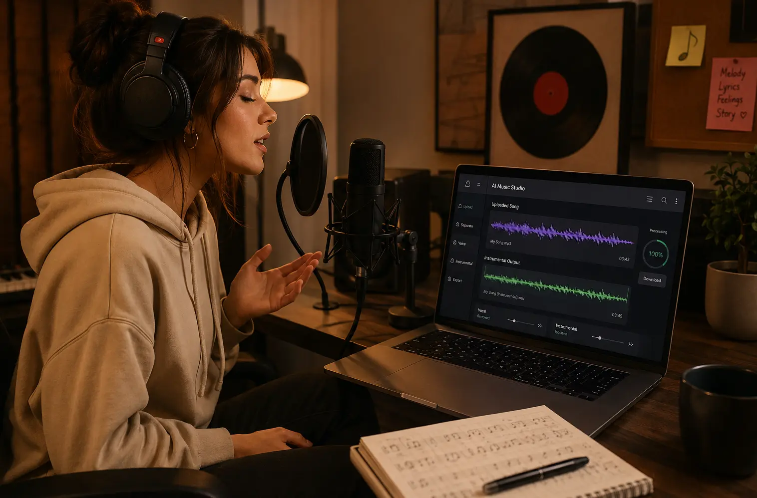 Singer practicing with a laptop that shows an instrumental track waveform
