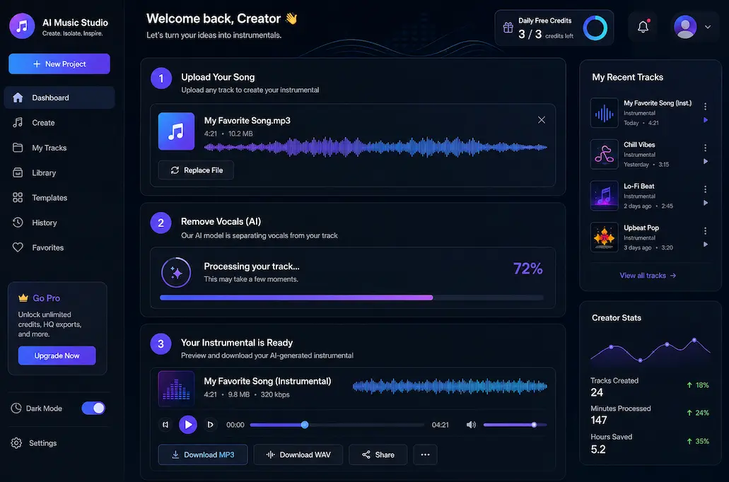 Online music tool showing a song upload area, waveform preview, and instrumental download button
