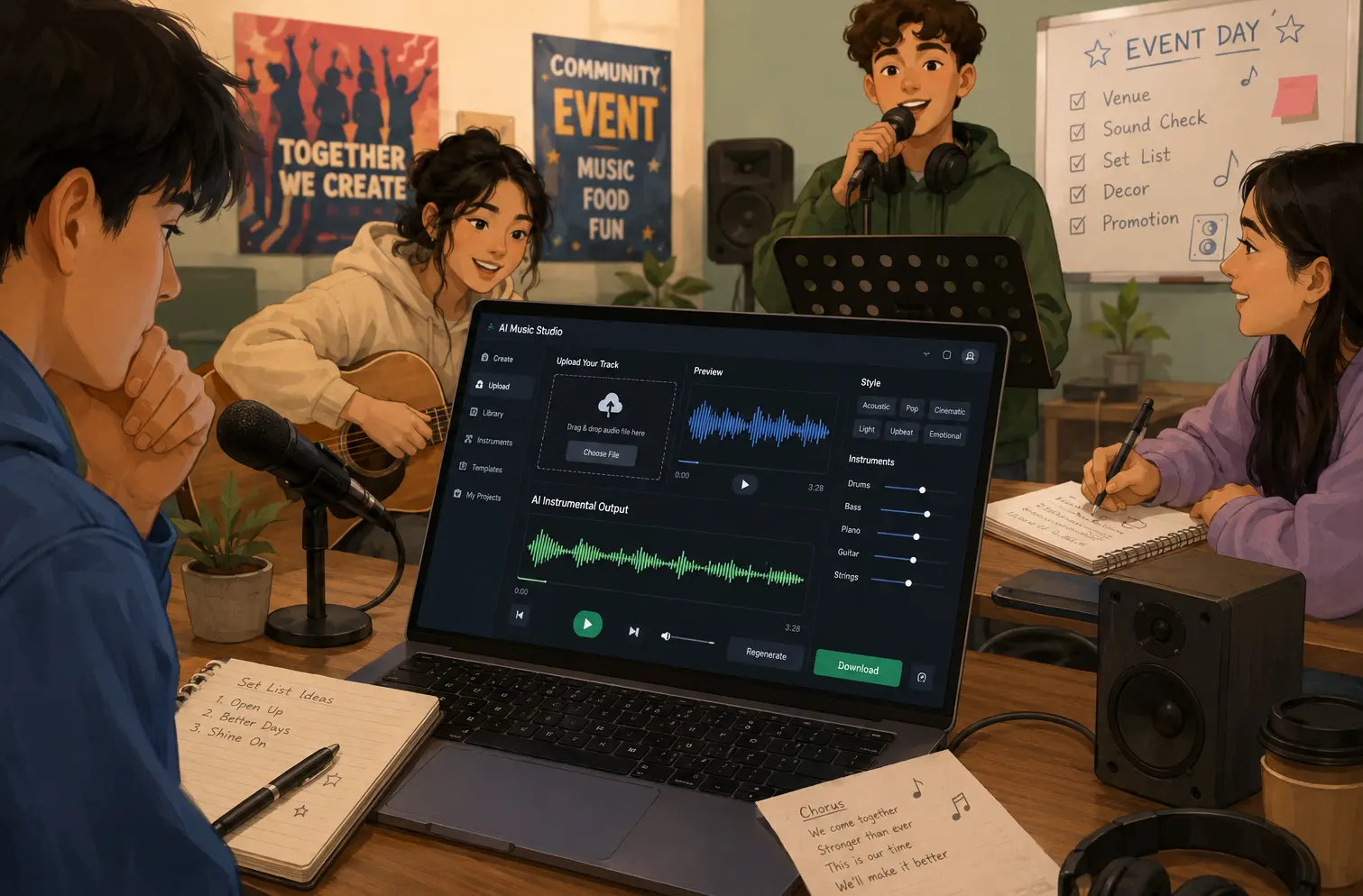 Group preparing backing tracks for a rehearsal using an online music tool