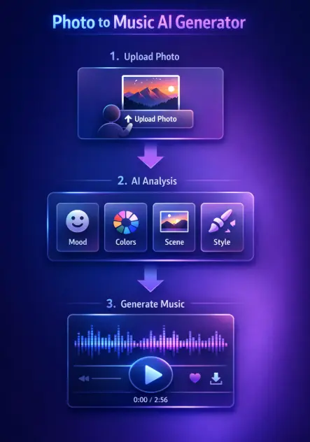 Three-step Photo Video Maker workflow with photos, music, and export.