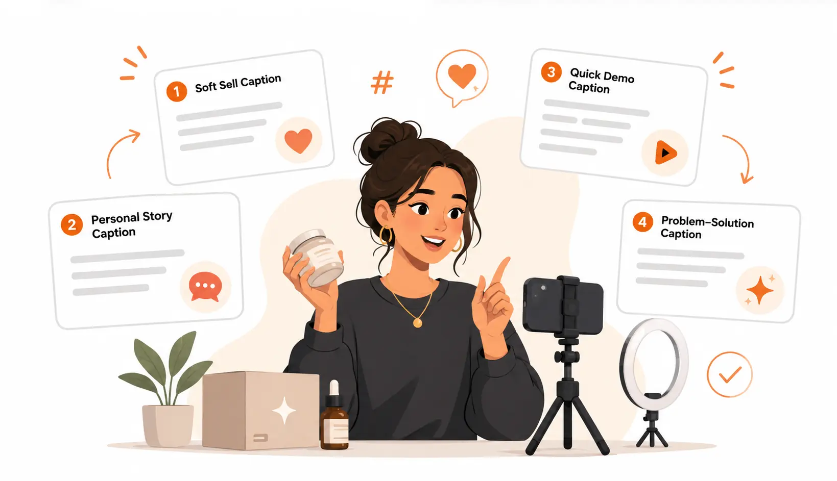 UGC creator drafting TikTok captions for product demos and brand briefs.