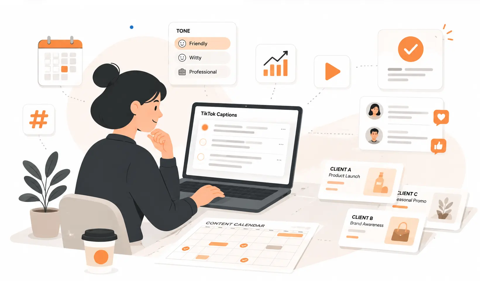 Social media manager creating TikTok caption options for campaigns and clients.