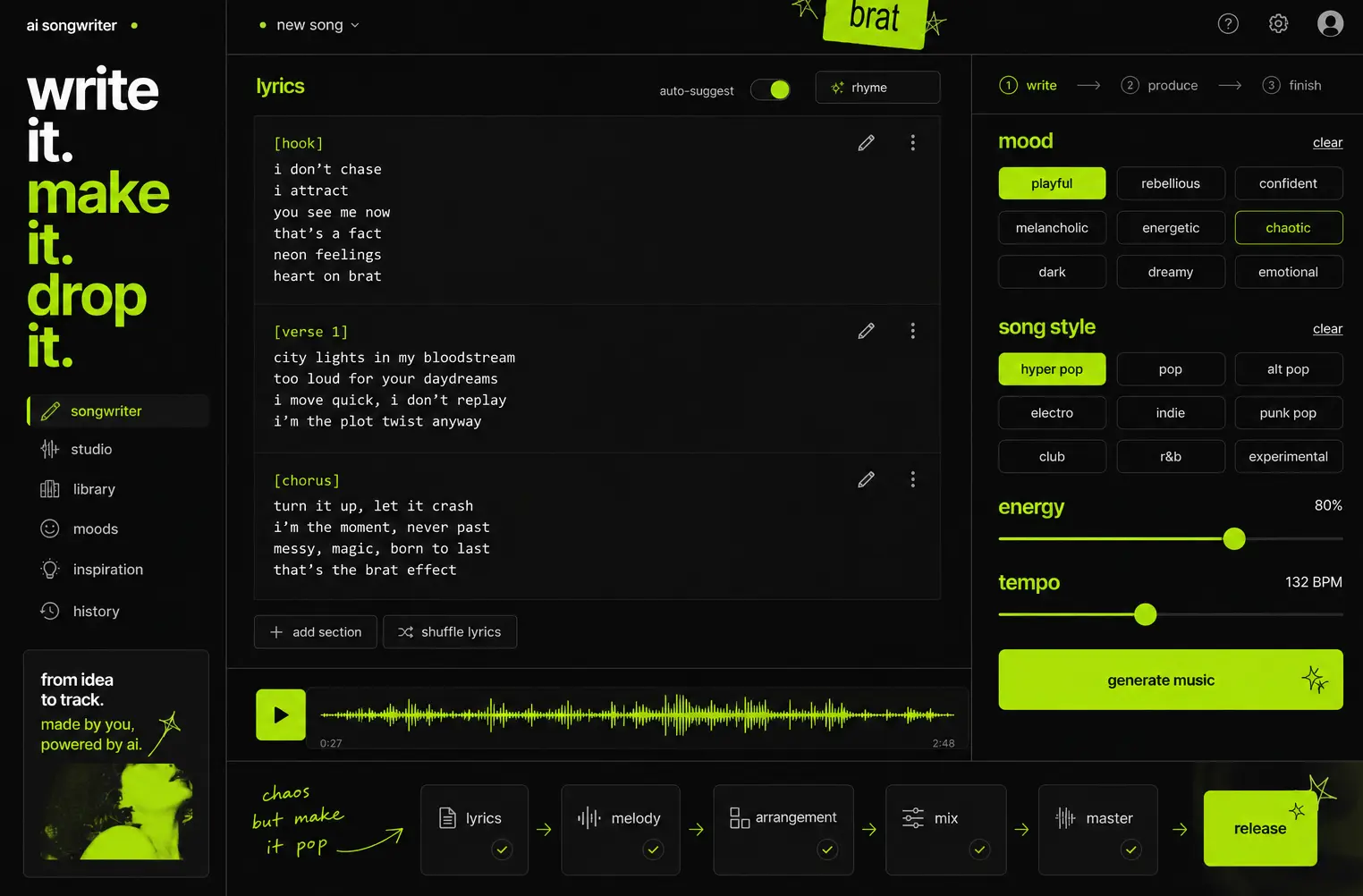 Brat lyrics generator creating original Brat-inspired song lyrics in AIMakeSong.
